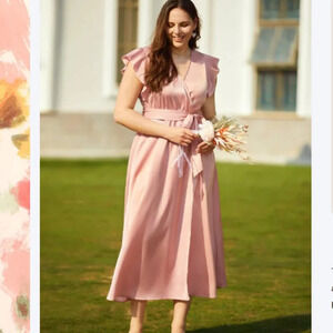 BloomChic Solid Surplice Neck Ruffle Cap Sleeve Dress